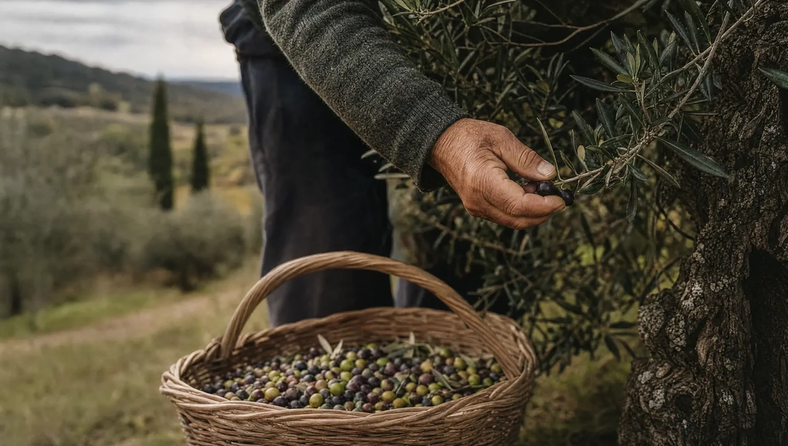 Hand-picking olives into a wicker basket in the grove