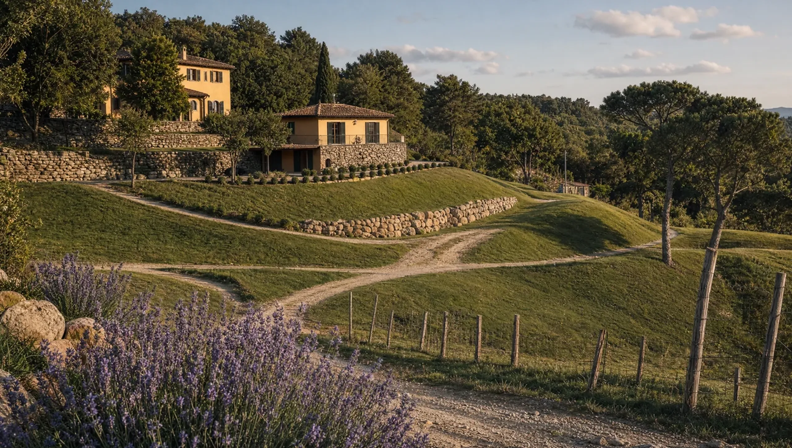 The villa above a path lined with lavender