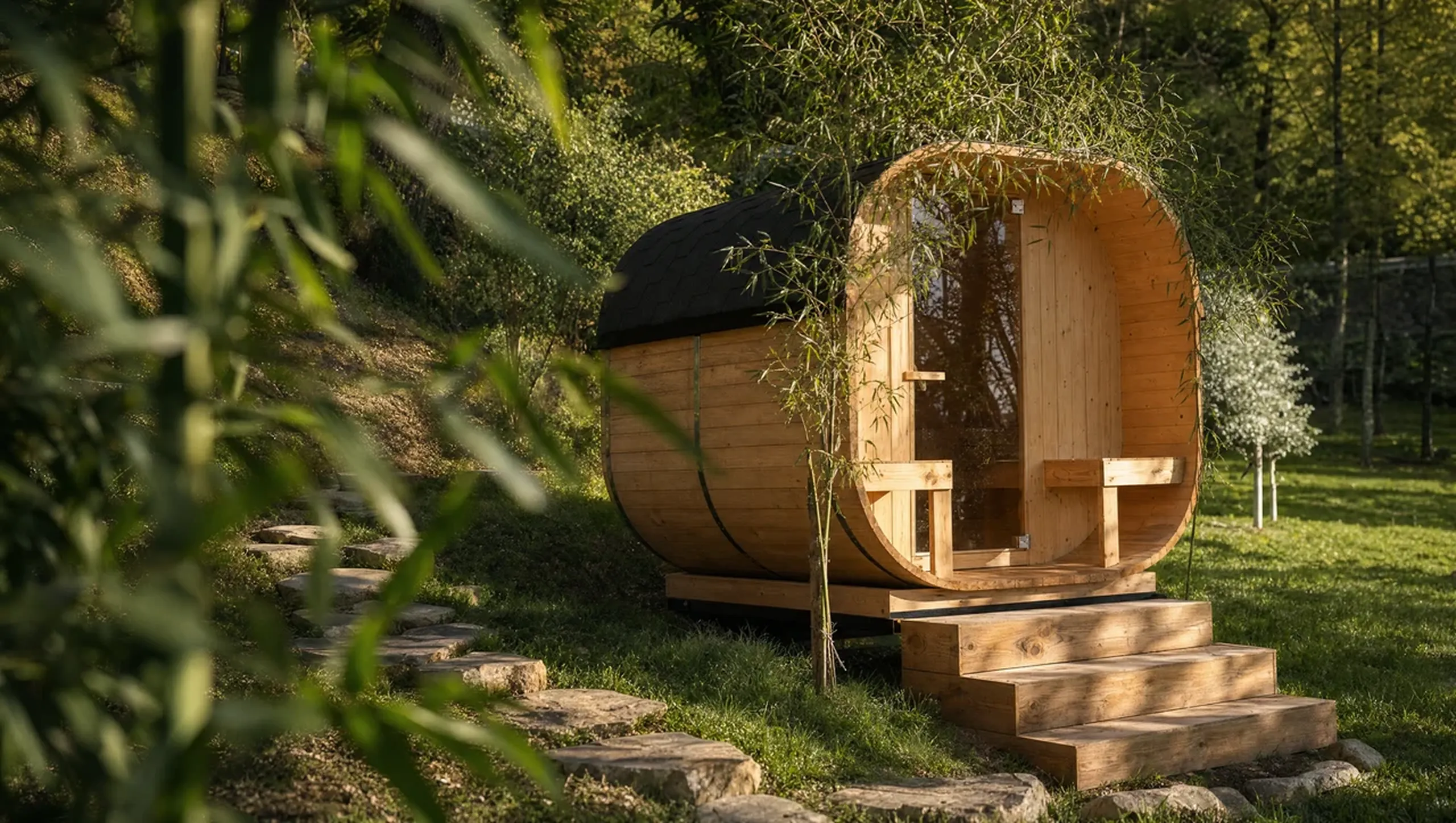 The barrel sauna set among the trees