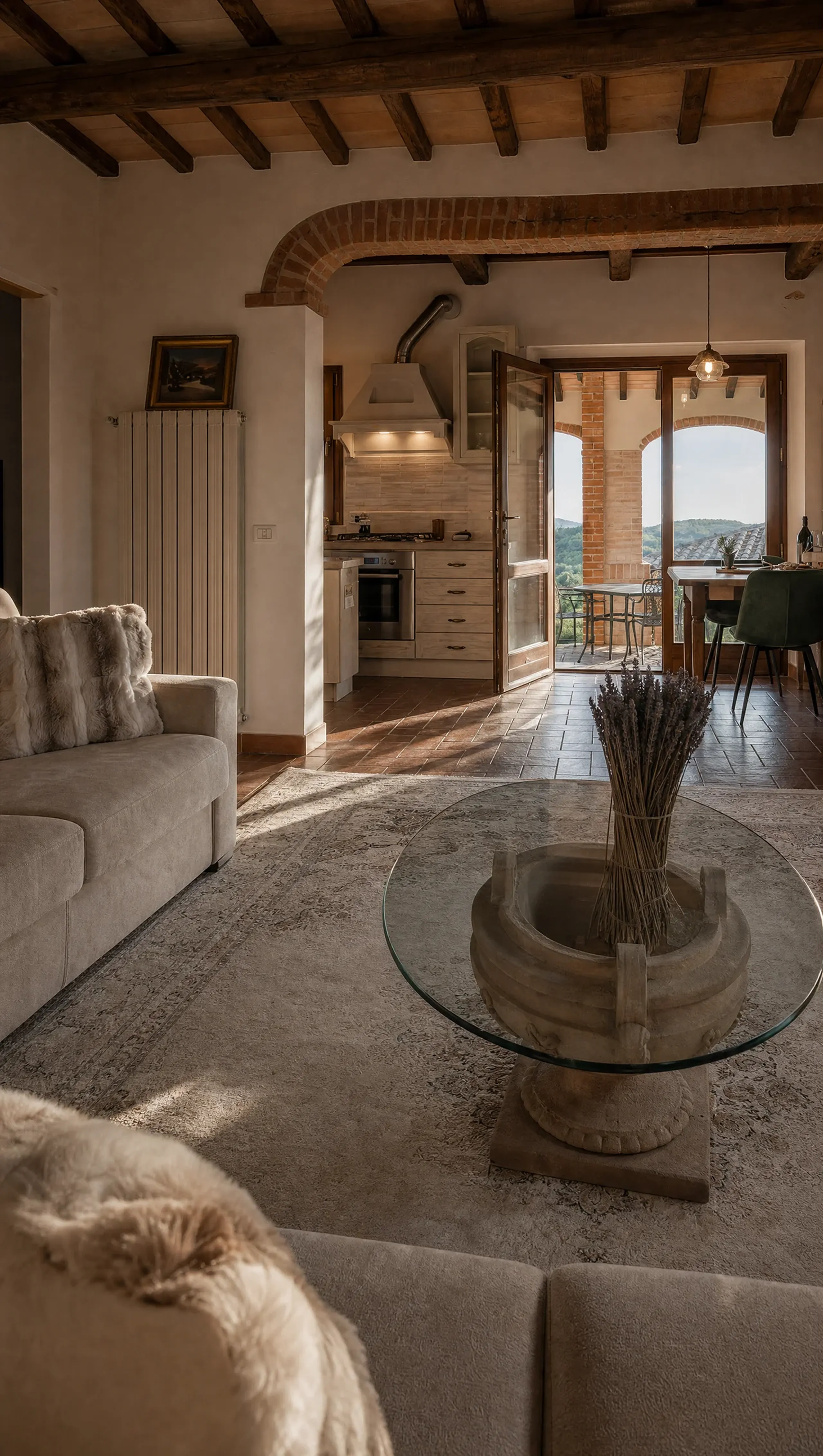 An interior hallway with a glass table and views beyond