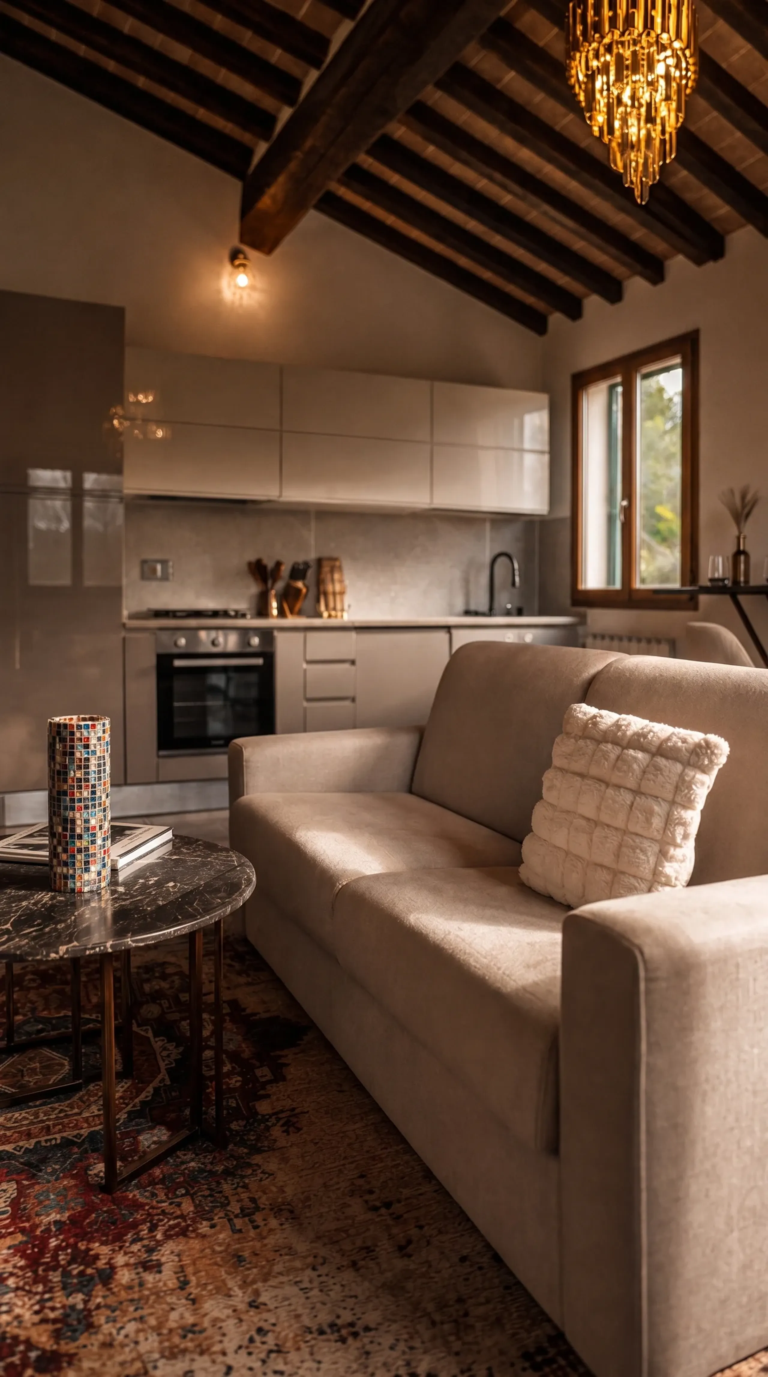 A modern kitchen opening onto a comfortable lounge