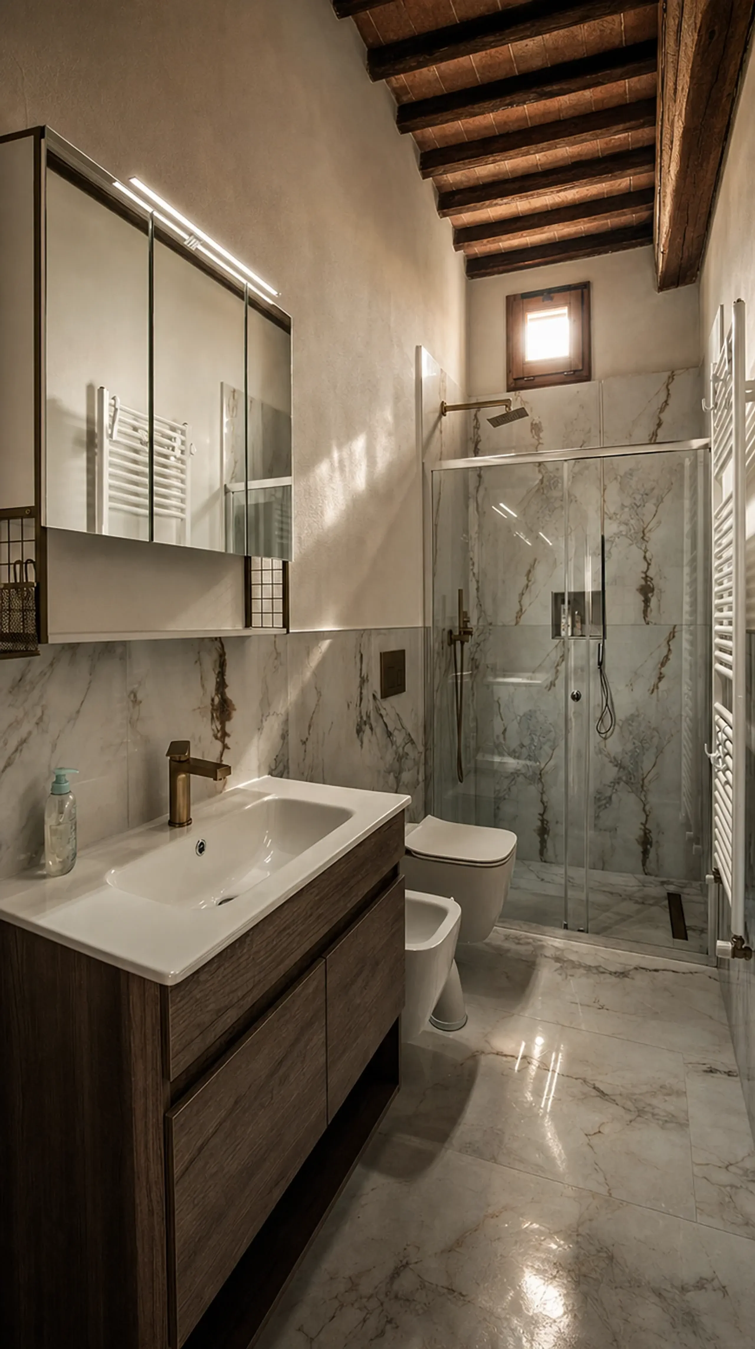 A modern marble bathroom with a walk-in shower