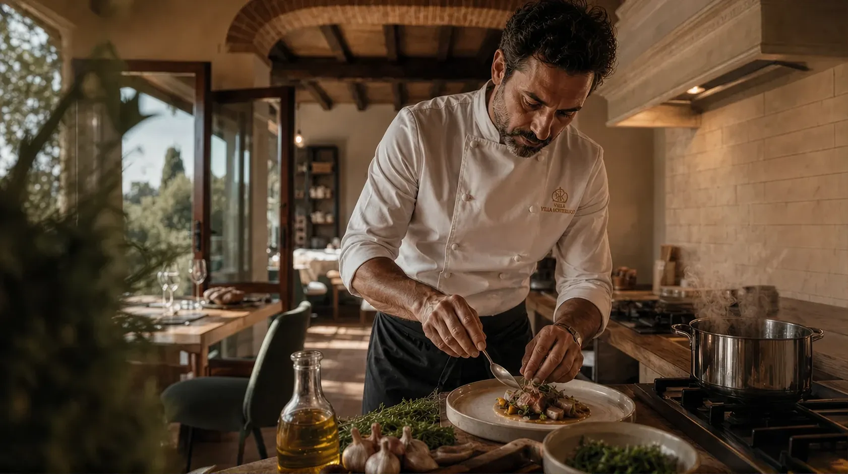 The in-house chef plating dinner in the villa's kitchen