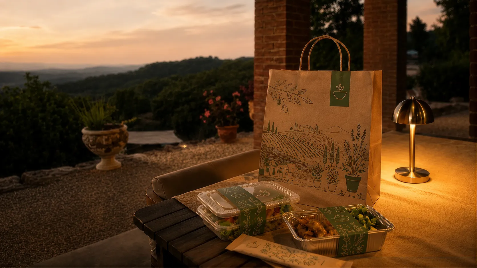 A grocery delivery and prepared dishes waiting on the terrace at dusk