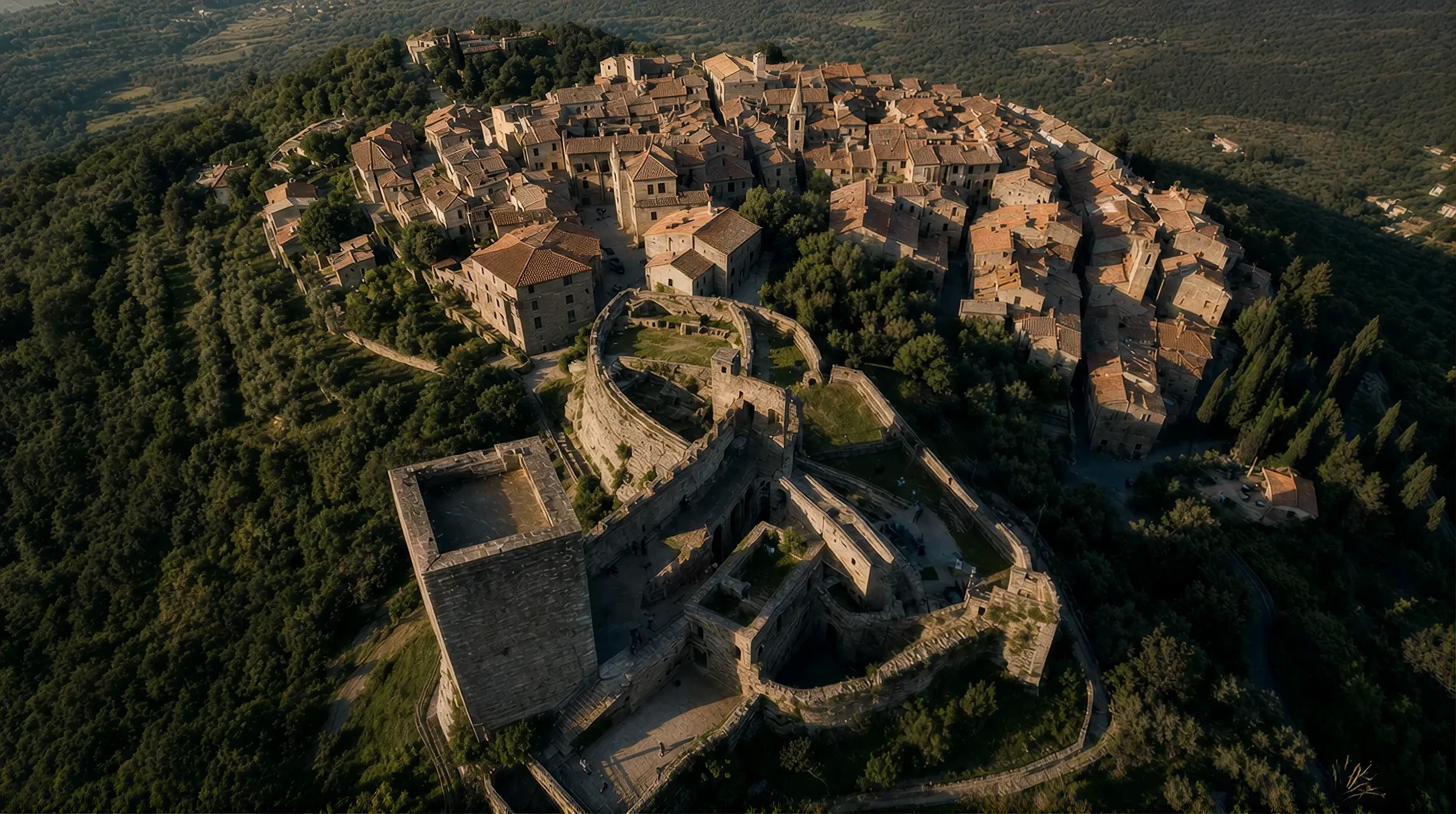 A medieval hilltop town and its fortress walls seen from above at golden hour