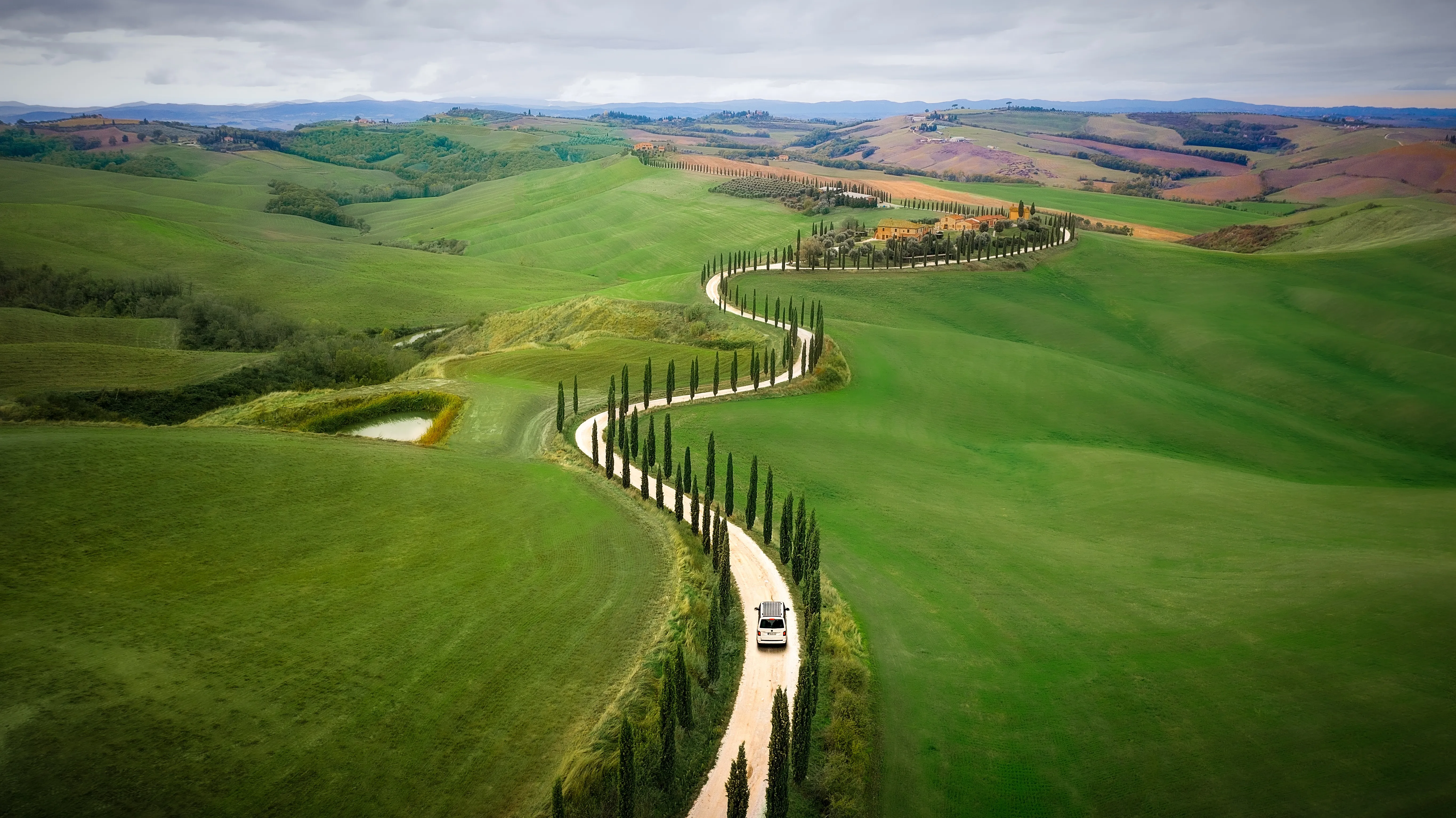 A cypress-lined road winding through Tuscan vineyard country