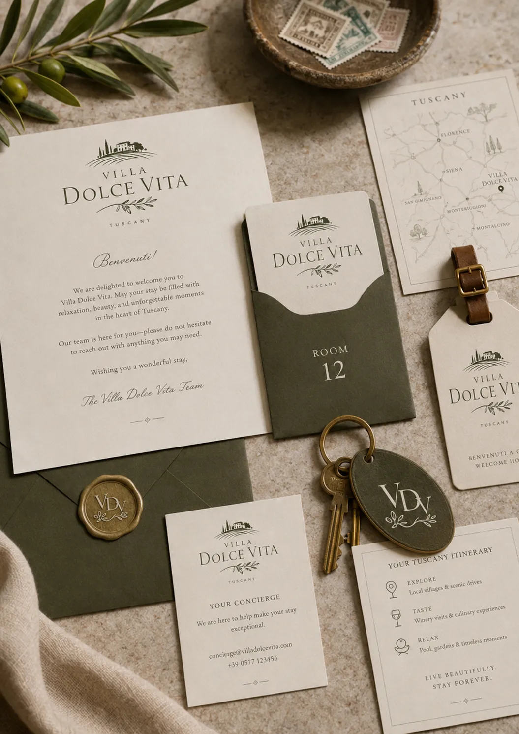 Villa Dolce Vita welcome letter and room key laid out in a suite
