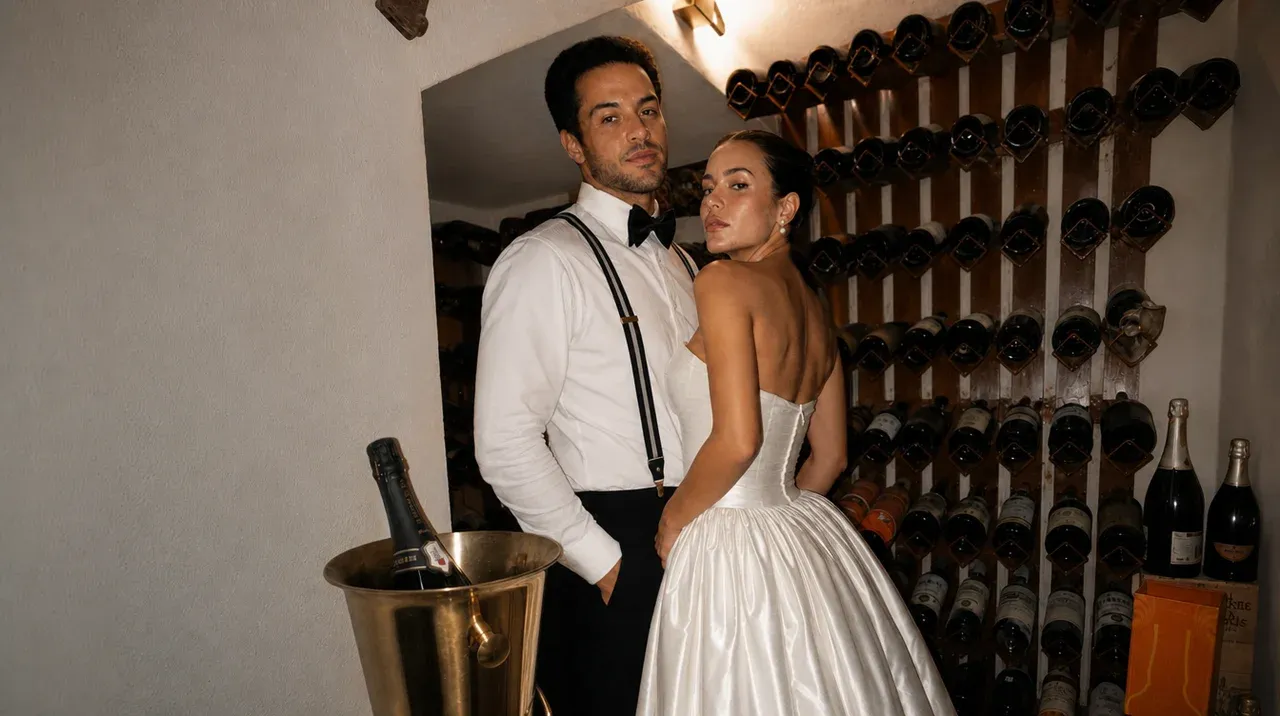 The couple toasting in the estate wine cellar