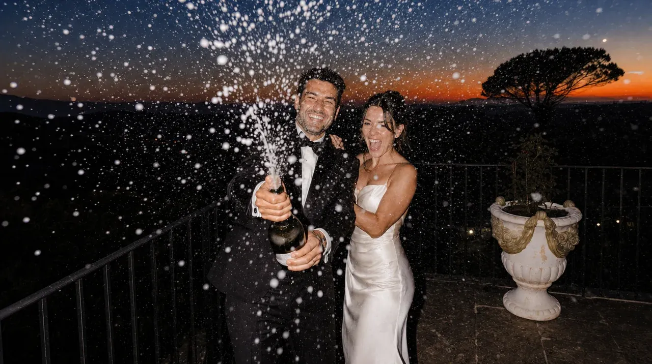 Bride and groom with champagne on the terrace at sunset
