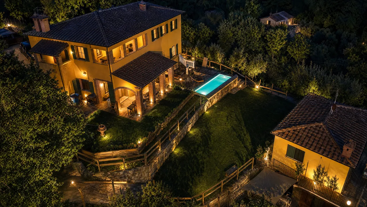 The marble hilltop terrace overlooking the Tuscan valley